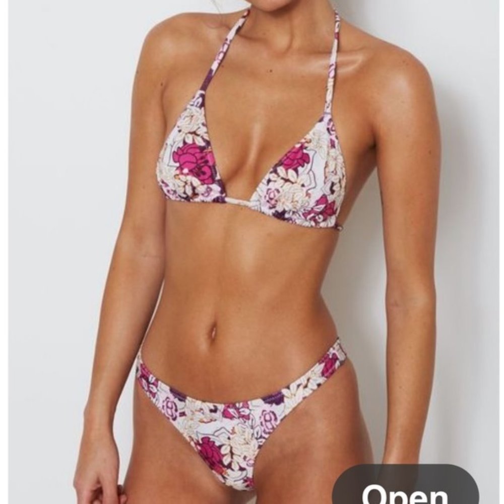 White Fox Boutique Floral Triangle Bikini in White, Pink & Purple